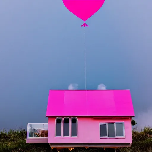 Image similar to a 5 0 mm lens photograph of a cute pink floating modern house, floating in the air between clouds, inspired by the movie up, held up from above by a heart - shaped ballon. mist, playful composition canon, nikon, award winning, photo of the year