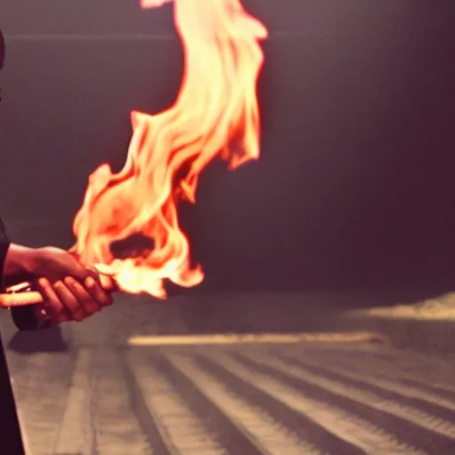 Image similar to cinematic film still of Kanye West starring as a Japanese Sensei with fire, Japanese CGI, VFX, 2003, 40mm lens, shallow depth of field, film photography