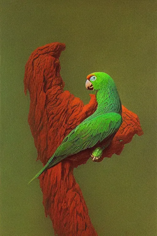 Prompt: beautiful emerald green parrot with red aura and eyes, by zdzisław beksinski, by gustave dore