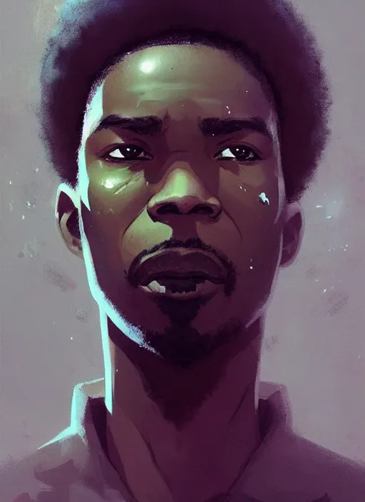 Image similar to dream highly detailed portrait of a black man looking confused, unaware of his surrounding, magnificent, photographic realistic background, by atey ghailan, by greg rutkowski, by greg tocchini, by james gilleard, by joe fenton, by kaethe butcher, trending on instagram, award winning details