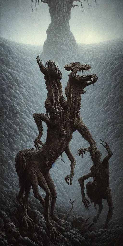 Image similar to ancient great beasts dancing on a moutain, beksinski, eldritch, apocalypse, creepy creature, horror spooky, dramatic light, 4 k, illustration, extremely detailed