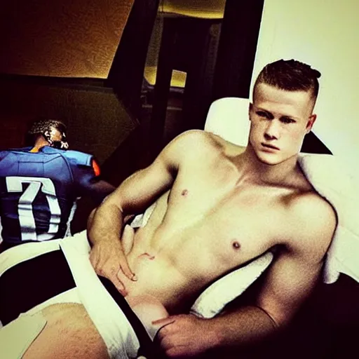 Image similar to “ a realistic detailed photo of a guy who is an attractive humanoid who is half robot and half humanoid, who is a male android, football player christian mccaffrey, shiny skin, posing like a statue, blank stare, on the bed, on display ”