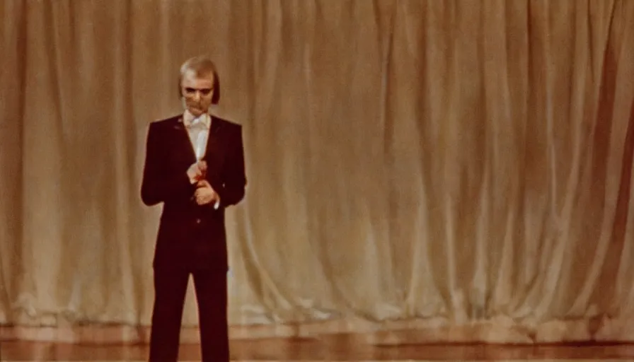 Image similar to 70s movie still of a man with elongated head in a soviet ballroom, eastmancolor, heavy grain, high quality, higly detailed, liminal space