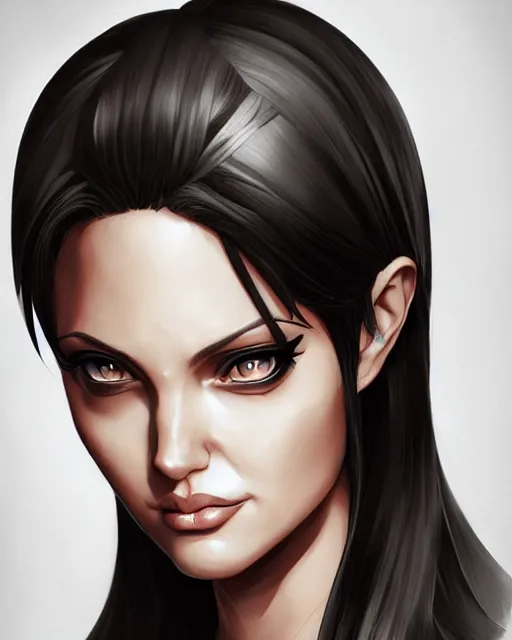 Image similar to capcom character, anime portrait of angelina jolie, highly detailed, digital painting, artstation, character, concept art, smooth