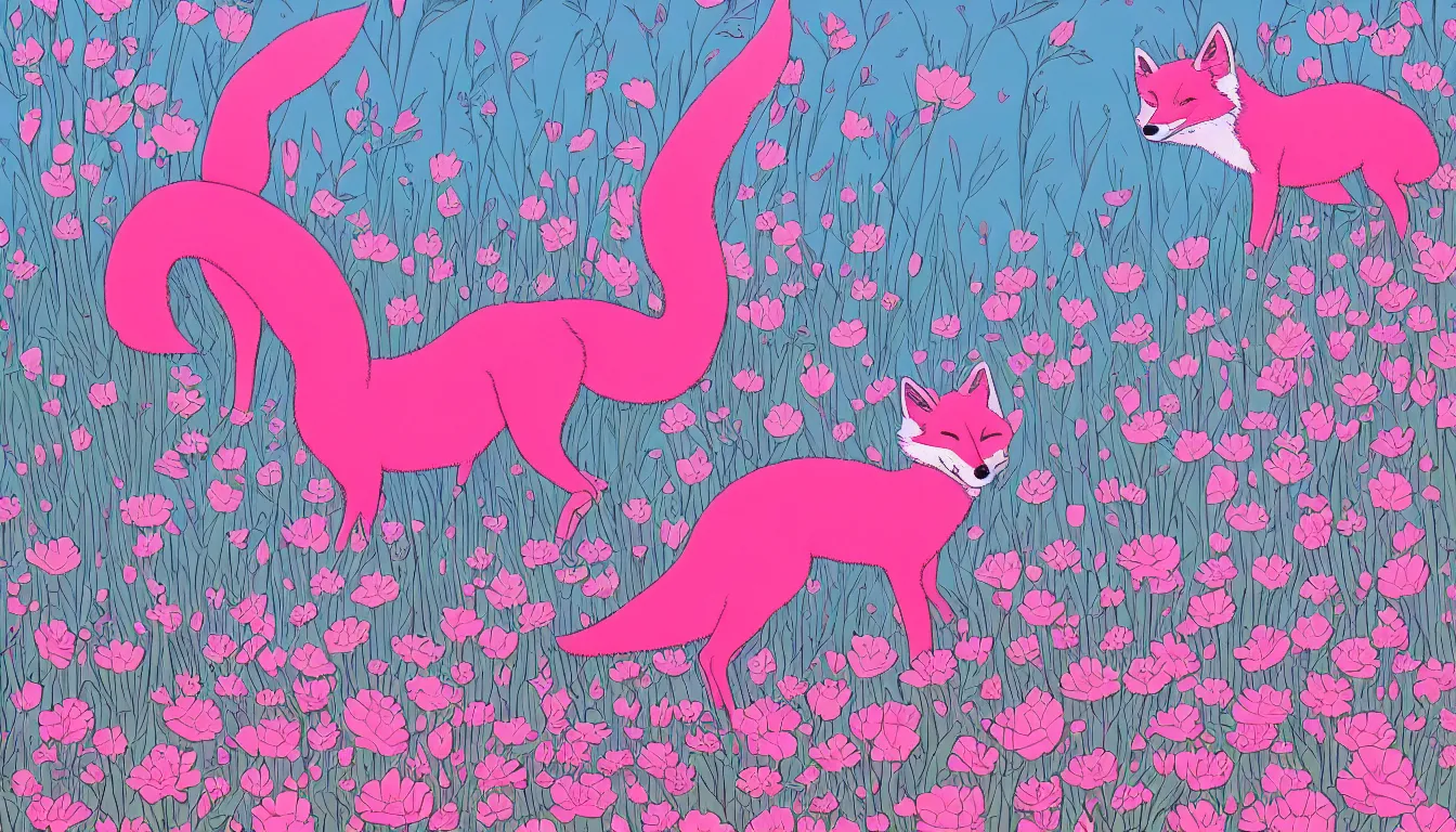 Prompt: pink fox in a field of flowers by Kilian Eng, minimalist, detailed