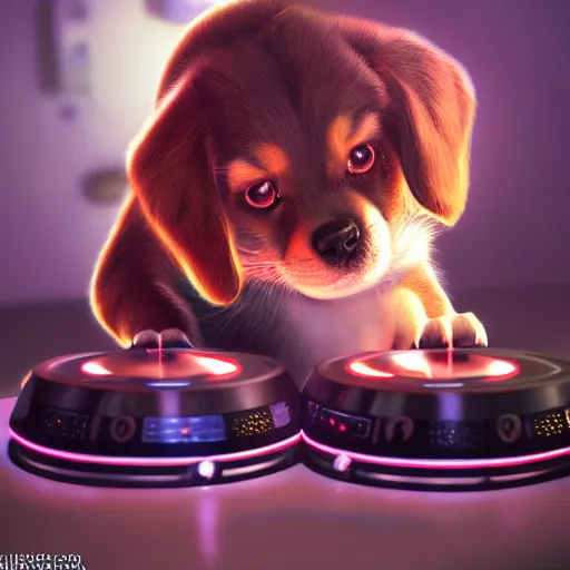 Image similar to puppy as a DJ, 8k, fantasy, intricate, cinematic lighting, highly detailed, digital painting, artstation, concept art, smooth, sharp focus, illustration, by Pixar