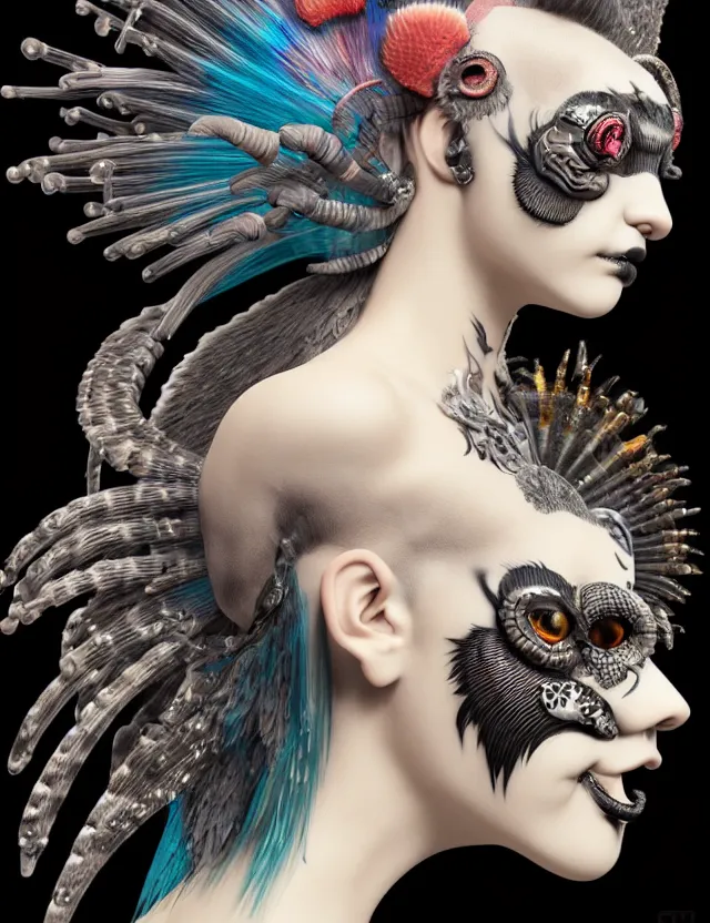 Image similar to 3 d goddess close - up profile portrait punk with mohawk with ram skull. beautiful intricately detailed japanese crow kitsune mask and clasical japanese kimono. betta fish, jellyfish phoenix, bio luminescent, plasma, ice, water, wind, creature, artwork by tooth wu and wlop and beeple and greg rutkowski