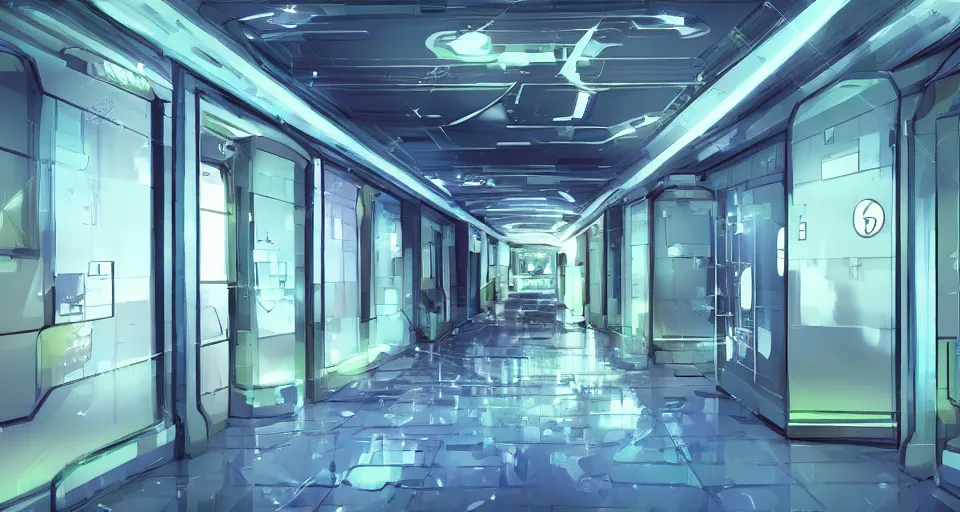 Image similar to Sci-fi wallpaper of a futuristic hospital corridor, close-up view, point-and-click adventure game, cinematic, concept art