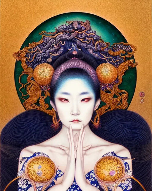 Prompt: portrait of a beautiful moon goddess, unusual beauty, esoteric, other worldly colors, head in focus, fantasy art, ornamental aesthetics, intricate, elegant, highly detailed hyperrealistic painting, artstation, concept art, painterly, sharp focus, illustration, art by chie yoshii