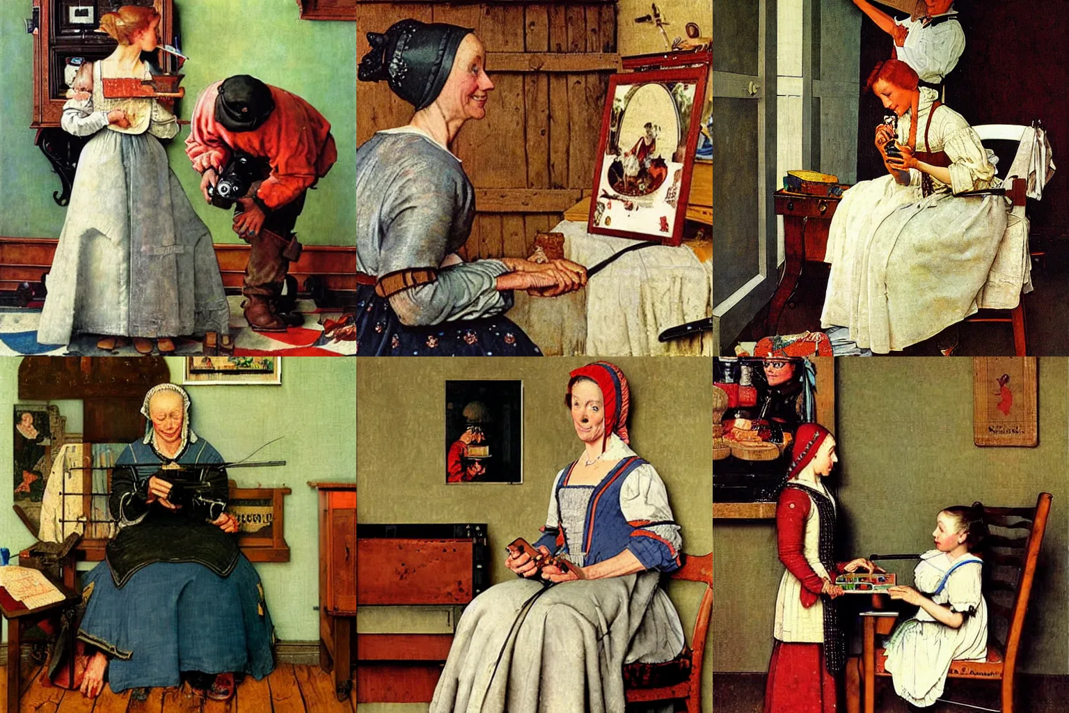 Prompt: A 15th century woman plays with a PS4. Painting by Norman Rockwell.