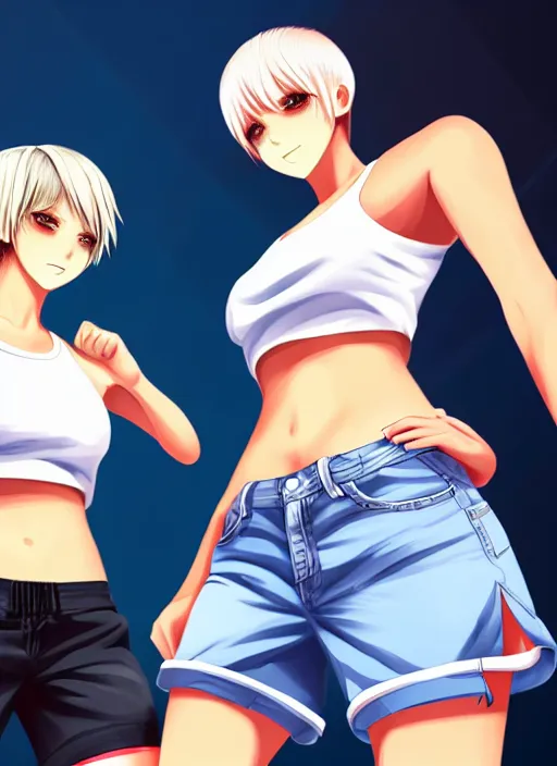 Image similar to two beautiful identical female fighters with short hair facing each other in gym, jean shorts, white top, dim lighting, gorgeous features, high resolution, detailed anime art