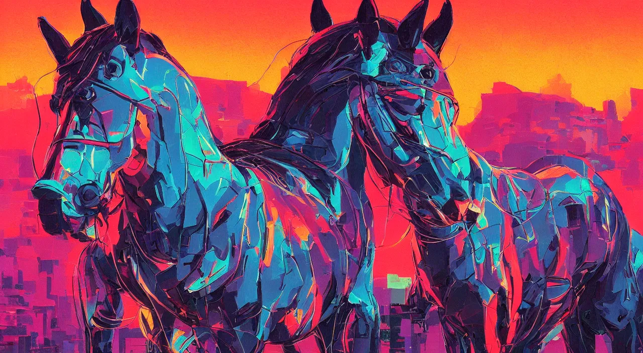 Image similar to a graph style gauche impasto, the horse is not mine, cyberpunk art by james gilleard, city depth of field, cgsociety, retrofuturism, synthwave, retrowave, outrun, realistic.