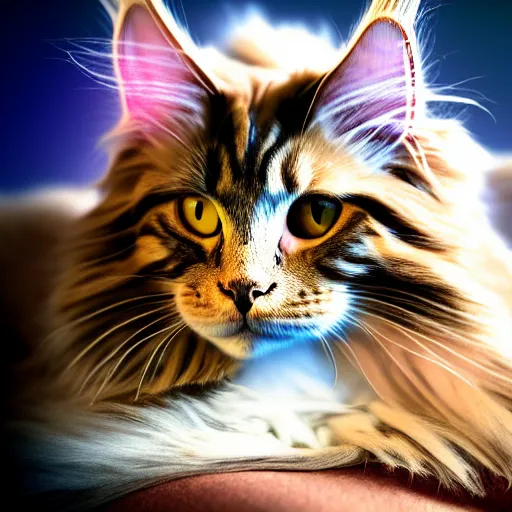 Image similar to portrait cream color maine coon cat curled up, bay window sofa, 8K, 4K, digital art, palette knife, photoshop, sumi-e, oversaturated lens flair, bokeh, sunbeam