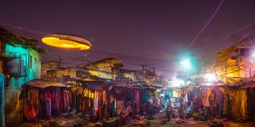 Image similar to AJEGUNLE SLUMS of Lagos surrounding large UFO within NEON rays of light,