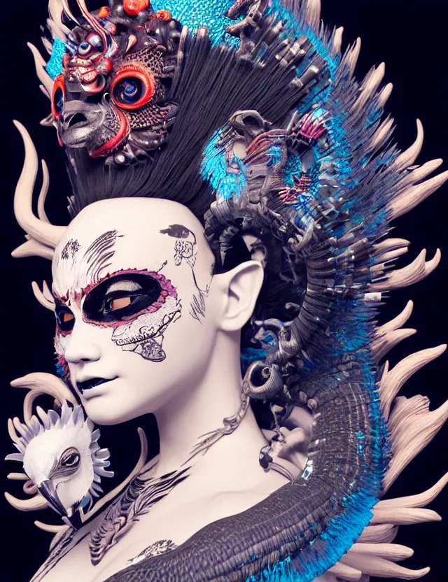 Image similar to 3 d goddess close - up profile portrait punk with mohawk with ram skull. beautiful intricately detailed japanese crow kitsune mask and clasical japanese kimono. betta fish, jellyfish phoenix, bio luminescent, plasma, ice, water, wind, creature, artwork by tooth wu and wlop and beeple and greg rutkowski