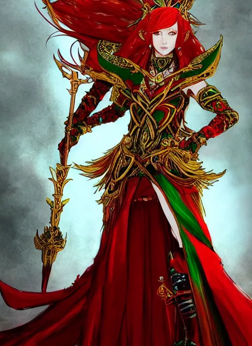 Image similar to Full body portrait of a beautiful red haired elven queen wearing red, green and gold ceremonial queen dress and elaborate golden crown. In style of Yoji Shinkawa and Hyung-tae Kim, trending on ArtStation, dark fantasy, great composition, concept art, highly detailed.