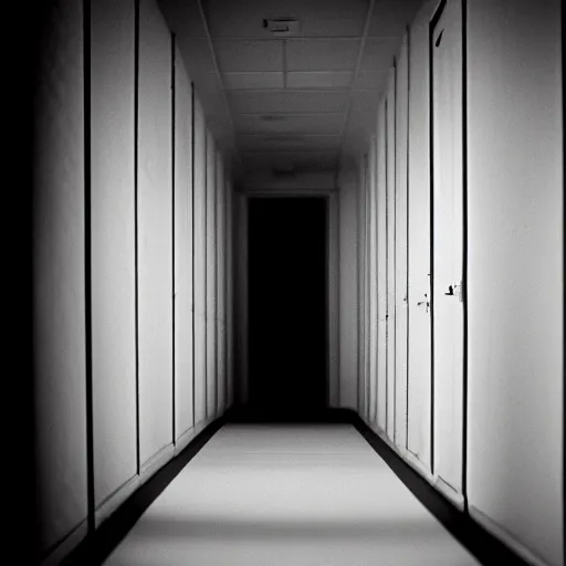 Prompt: I see shadows in the halls, dark ambiance, film grain, horror elements.