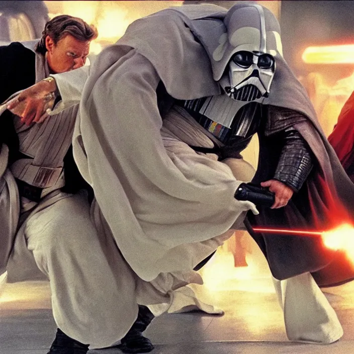 Image similar to obi wan kenobi but obese!! and overweight fighting a fat and obese darth vader, photoralistic rendering, movie still, screenshot, hyperdetailed