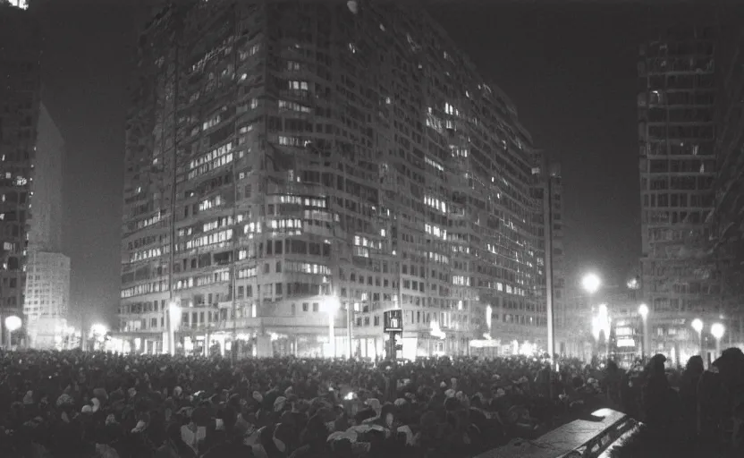 Image similar to 1990s movie still of a german street with a large crowd of philosophers, with stalinist style highrise, cinestill 800t 35mm black and white, heavy grainy picture, very detailed, high quality, 4k panoramic, hd criterion streetlight at night, foggy
