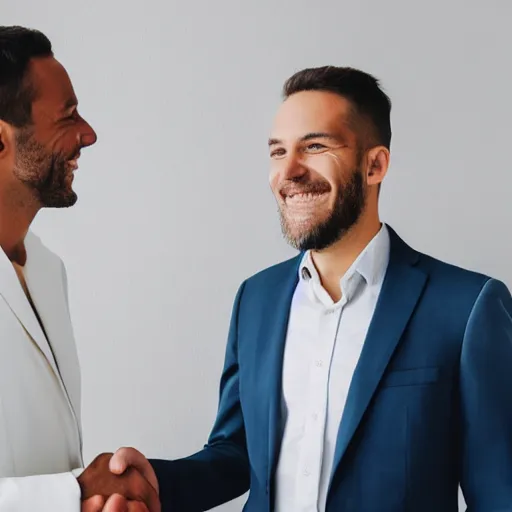 Image similar to photograph of a people in suits shaking hands, white background, close up