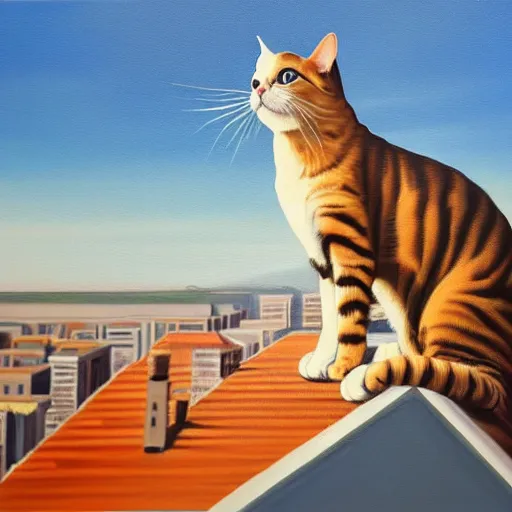 Image similar to an oil painting of a cat on top of a building looking over a city trending on art station