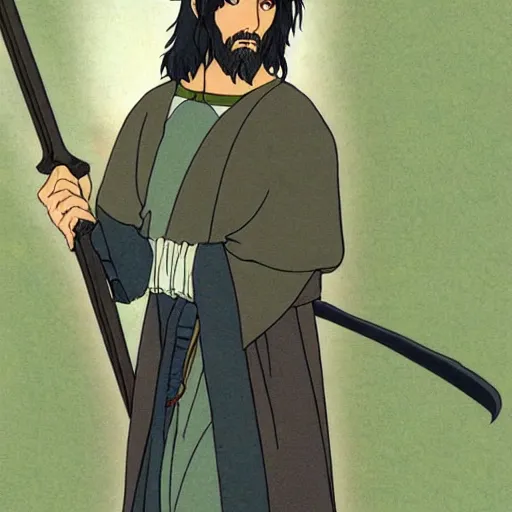 Image similar to aragorn from the anime lord of the rings (1986), looking serious, some beard, studio ghibli, very detailed, realistic