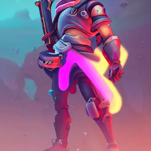 Prompt: a cartoon stylized portrait of a young man as a warrior posing with a massive sword and futuristic rocket launcher, overwatch style, stylized, arcane magic, pink power, vaporwave, volumetric light from above, background by liam wong, art by ross tran + raymond swanland + marc simonetti + greg rutkowski + harumi hironaka