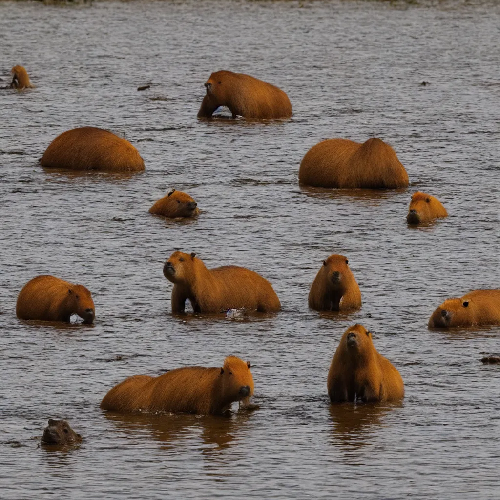 Prompt: capybaras in wetland engulfed in fire