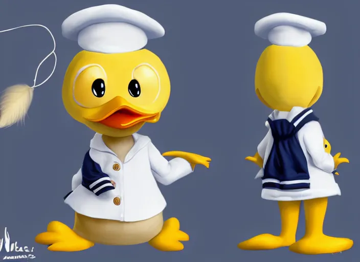 Image similar to detailed concept art of a cute iconic anthropomorphic duck character wearing a sailor suit by wlop on bcy. net, realistic. detailed feathers, art by cheng yi. artstationhd