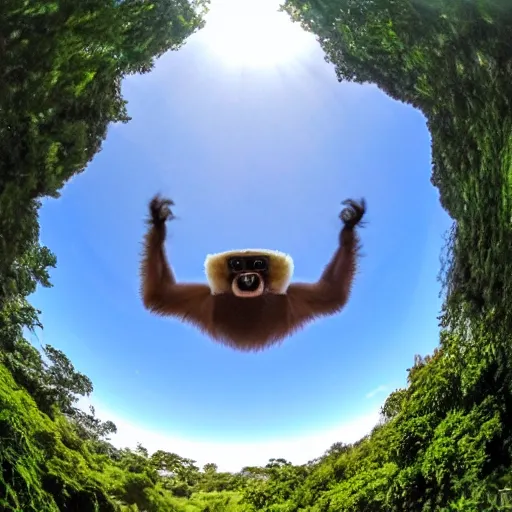 Image similar to gibbon gangling upside down from a hot - air balloon, posing for the camera, fisheye lens