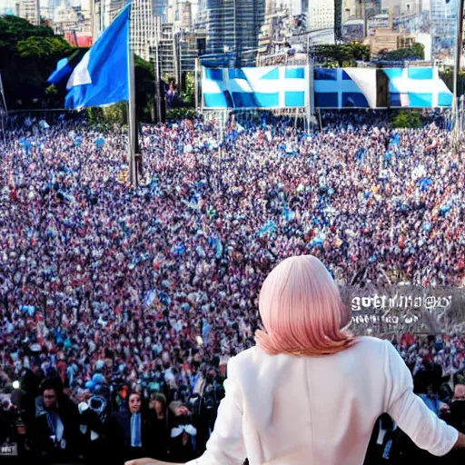 Image similar to Lady Gaga as president, Argentina presidential rally, Argentine flags behind, bokeh, giving a speech, detailed face, Argentina