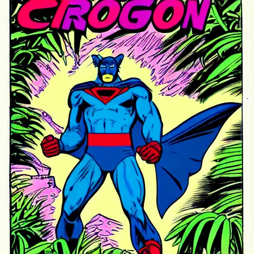 Prompt: 1 9 8 0 s comic book title cover scan, highly detailed professional comic art, sharp detailed, featuring a portrait of blue lion as a superhero in the jungle with exotic flowers and birds, profile picture, 8 0 s sci - fi comic art