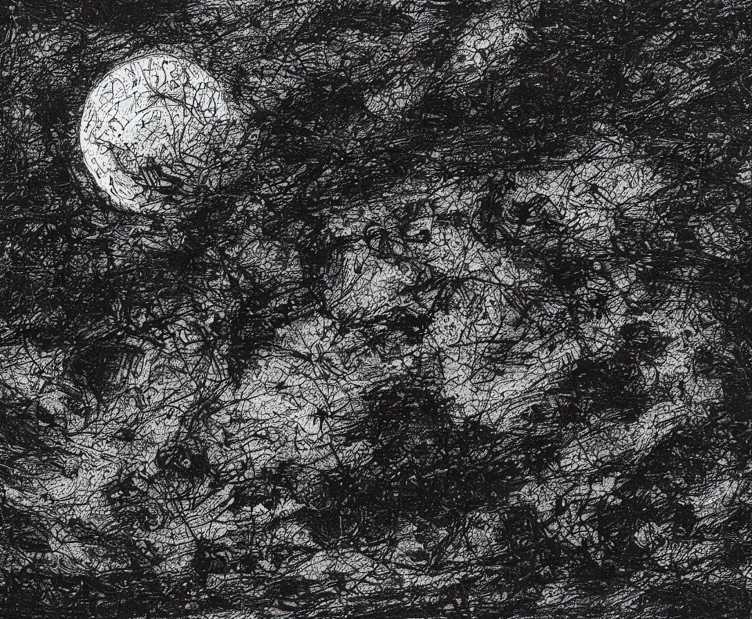 Prompt: moon is being executed by feral charcoal shining friction malevolence, coherent, detailed, intricate, beautiful, 8 k resolution