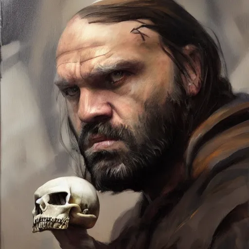 Image similar to greg manchess portrait painting of the hound from game of thrones holding a skull as overwatch character, medium shot, asymmetrical, profile picture, organic painting, foggy day, matte painting, bold shapes, hard edges, street art, trending on artstation, by huang guangjian and gil elvgren and sachin teng