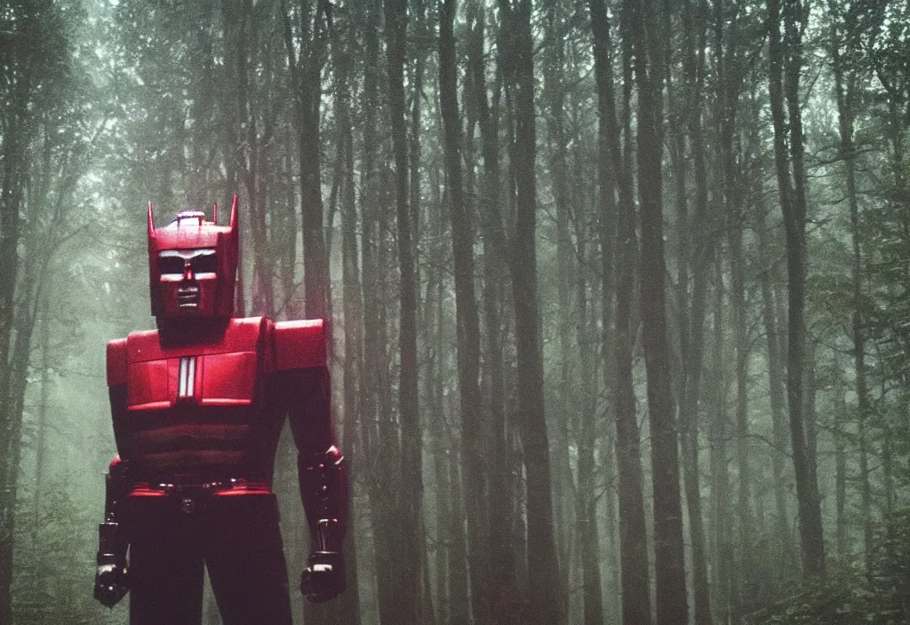 Image similar to low quality iphone photo of g 1 optimus prime standing ominously deep in the foggy woods with a demonic smile in his face, low visibility creepy, grainy, trail cam footage