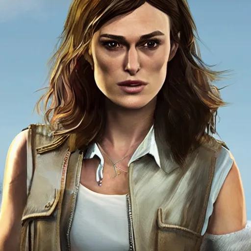 Image similar to Keira Knightley as a grand theft auto 5 character, concept art