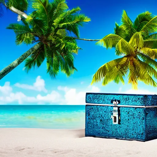 Image similar to a treasure chest on a tropical island, with a palm tree, and crystal clear water, 4 k