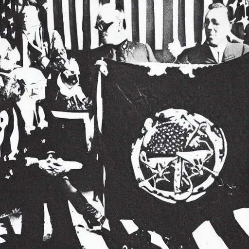 Image similar to Satanic States of America, goth Franklin Roosevelt, alternate history, FDR as a goth, occult symbols, 1941 photograph