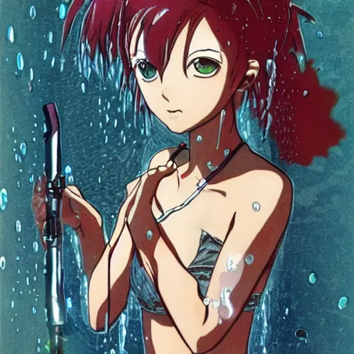 Prompt: anime of a punk cyborg woman, large knife,, water particles floating in the air, finely detailed facial features, weathered drawing, film grain, bright neon lighting, dark pastel colors, drawn by satoshi kon, katsuhiro otomo