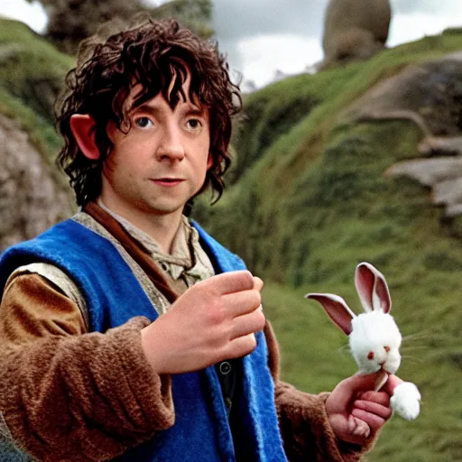 Image similar to hobbit wearing a blue vest and white sash, a british lad as Bartook a teen hobbit with short curly dark brown hair wearing a blue vest with a white sash standing next to a giant rabbit, high resolution film still, movie by Peter Jackson