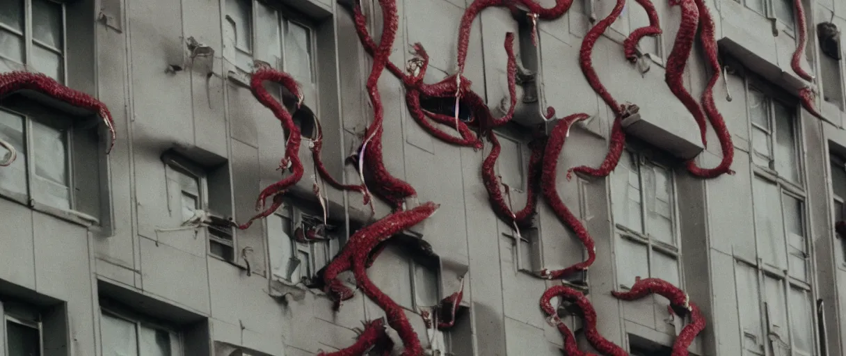 Image similar to filmic extreme close up exterior shot movie still 4 k uhd 3 5 mm film color photograph of a family jumping off a building laughing with tentacle arms happy, only color results, in the style of the horror film the thing 1 9 8 2