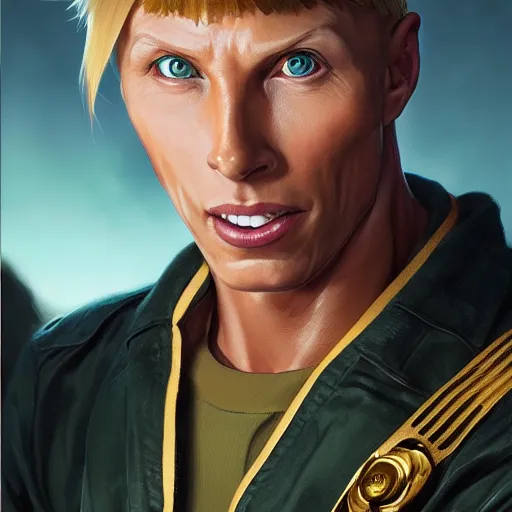 Prompt: ultra realistic jack mcbrayer as guile from street fighter,, 4 k, ultra realistic, detailed focused art by artgerm and greg rutkowski and alphonse mucha