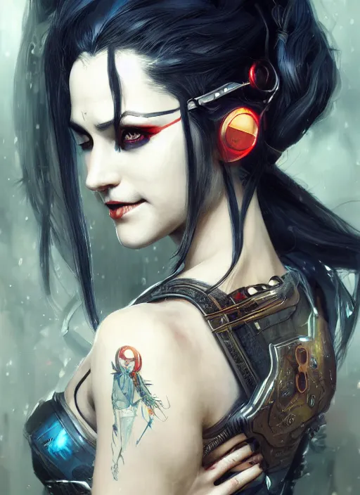 Image similar to a beautiful illustration of cyberpunk elven harley quinn, black hair, intricate, sharp focus, illustration, highly detailed, digital painting, concept art, matte, art by wlop and artgerm and greg rutkowski and alphonse mucha, masterpiece