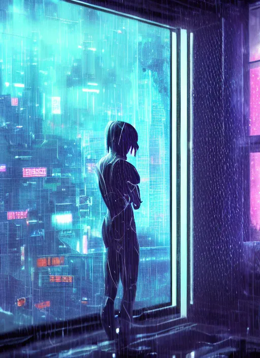 Image similar to lonely cyber person made of cosmic nebula galaxy energy watching a rainy stormy colorful complex cyberpunk futuristic city from behind at night through a window in a room full of wires and screens, 8 k, photorealistic, wet, highly detailed, cinematic mood by ridley scott, ghost in the shell, rendered in octane,, trending on artstation, glowing lights, gloomy, epic composition