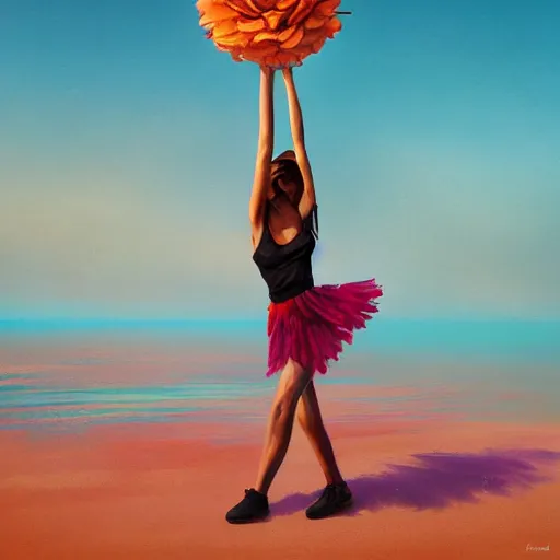 Image similar to portrait, giant rose flower head, girl dancing at the beach, surreal photography, sunrise, blue sky, dramatic light, impressionist painting, digital painting, artstation, simon stalenhag