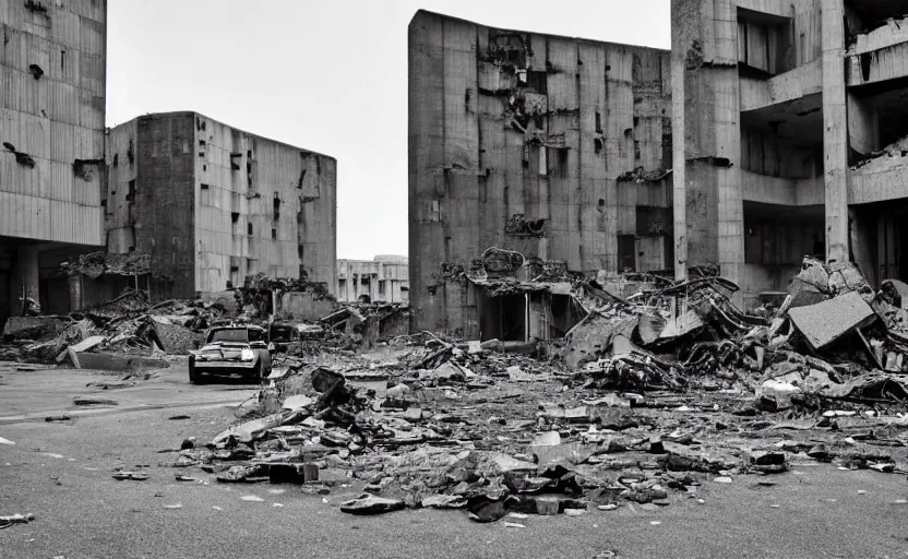 Image similar to a brutalist city, buildings with crumbling concrete and rubble strewn across the streets - H 1000