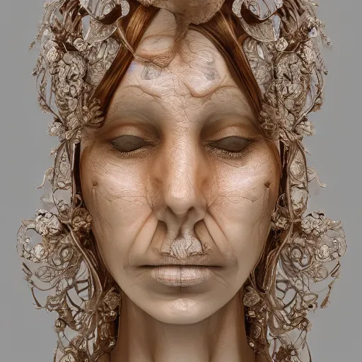 Image similar to beatifull face portrait of a woman, 150 mm, anatomical, flesh, flowers, mandelbrot fractal, facial muscles, veins, arteries, intricate, golden ratio, full frame, microscopic, elegant, highly detailed, ornate, ornament, sculpture, elegant , luxury, beautifully lit, ray trace, unreal, 3d, PBR, in the style of peter Gric , alex grey and Romero Ressendi