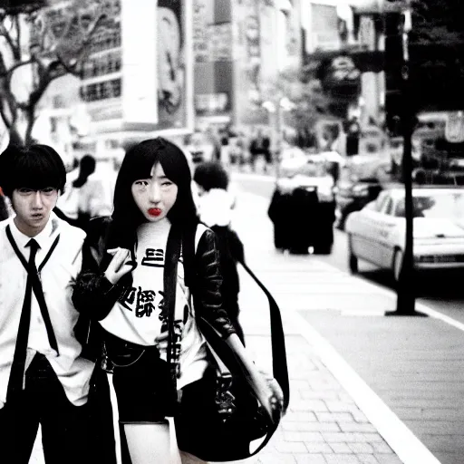 Image similar to Japanese teenagers male and female, street photography in the 80s, economic boom, punks, highly realistic, photography, photorealistic, Tokyo, fashion, wearing Sony Walkman and headphones