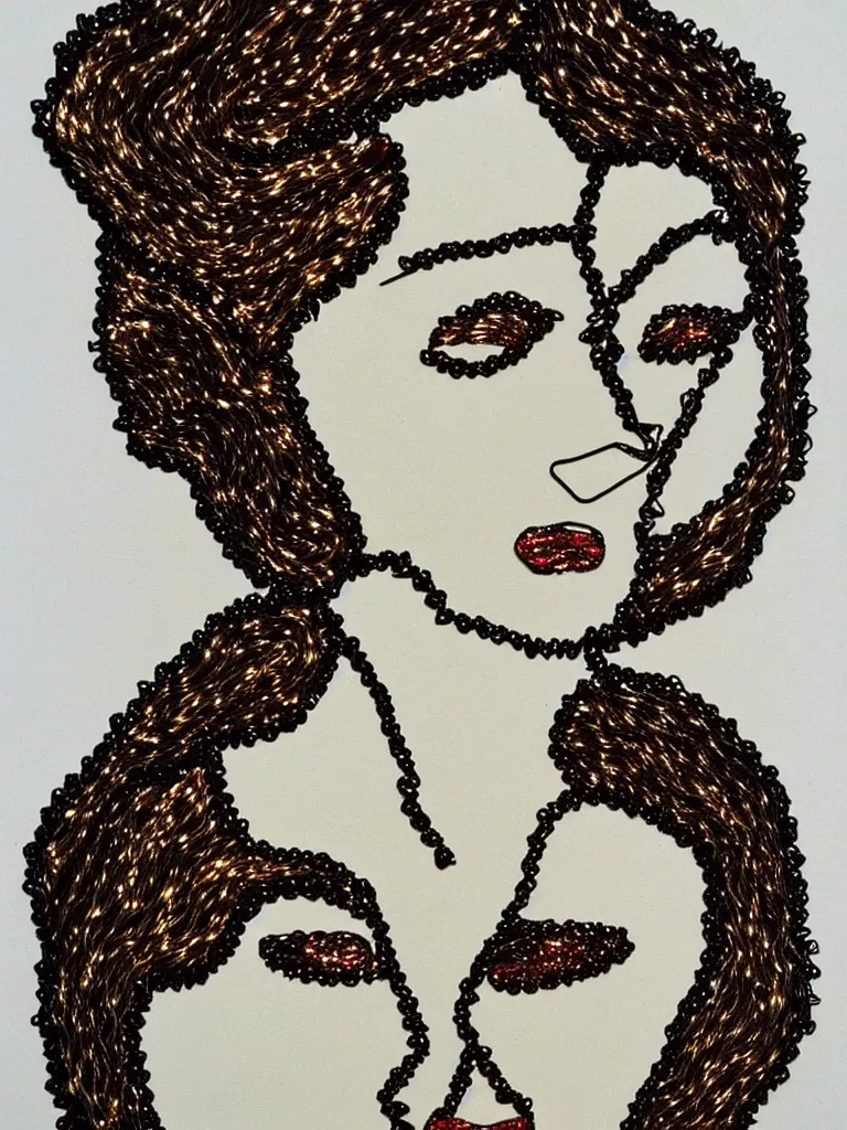 Prompt: metal wire art about an elegant woman. portrait influenced by egon schiele.