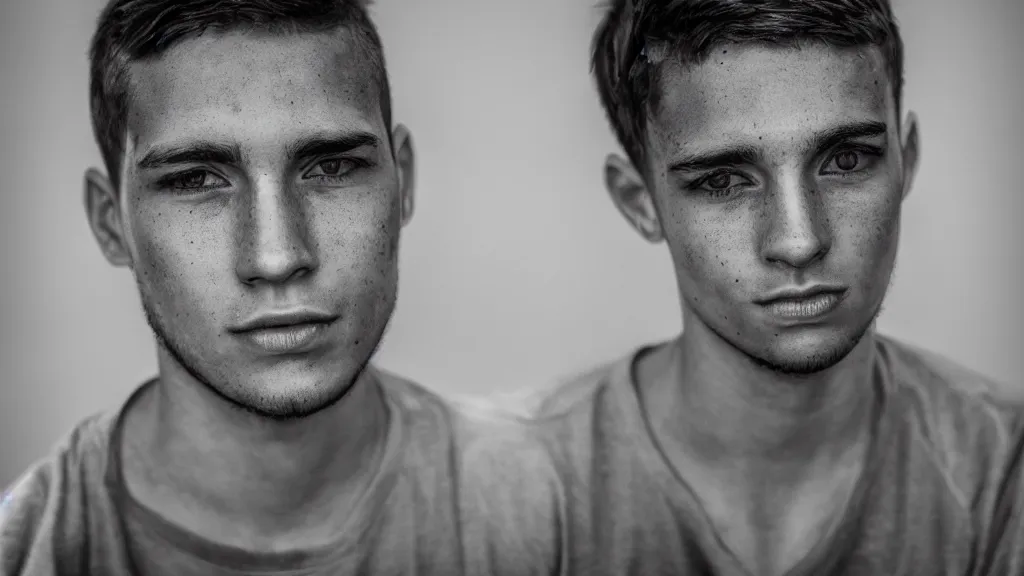 Prompt: a young man grayscale portrait photo. split light.